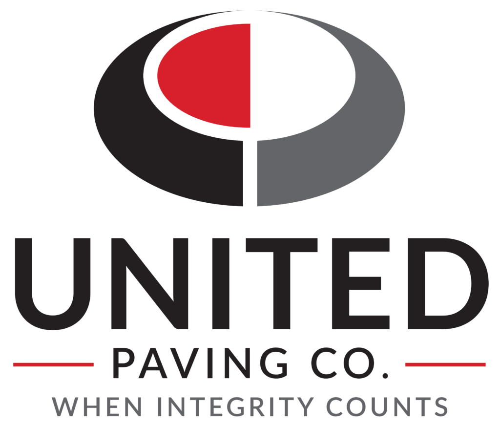 Logo for United Paving Co., featuring a circular emblem in black, gray, and red with bold 'UNITED' text and the slogan 'When integrity counts'.